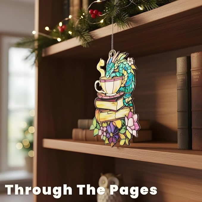 Book Dragon Christmas Ornament Floral Teacup Bookish Acrylic Suncatcher Stained Glass Effect Window Hanging for Book Lover Fantasy Reading Nook Decor Gift for Librarian Readers