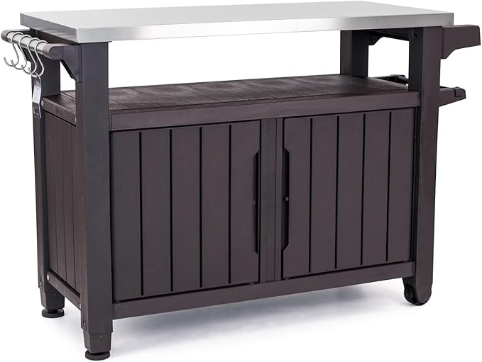 Keter Outdoor Rolling Table Cart for Food Prep, Storage, Bar & Grill, Dark Brown - Portable Kitchen Island Tabletop with Wheels for Drinks, Snacks, and Cooking