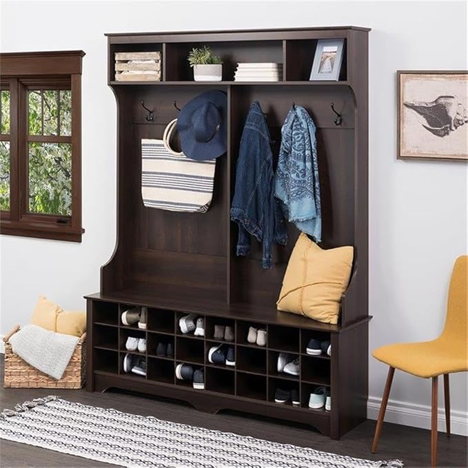 Prepac Brown Hall Tree, Shoe Cabinet, Storage Cabinet with 24 Shoe Cubbies and 6 Double Coat Hooks 15.5" D x 60" W x 77" H