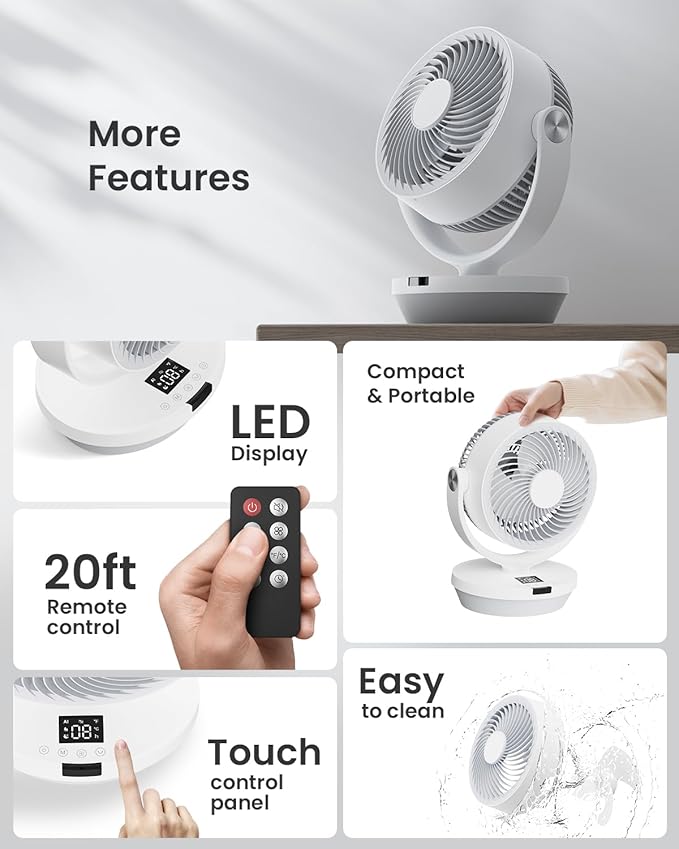 PNTCK Air Circulator Fan for Bedroom, 90° Oscillating & 120° Tilt, 60ft Strong