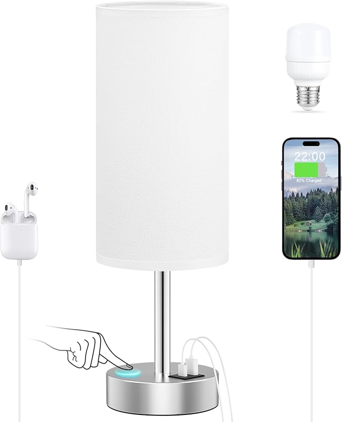 Dicoool White Touch Bedside Lamp with USB - 3 Way Dimmable Table Lamp for Bedroom, Nightstand Lamp with Nickel Charging Station and Silver LampHolder for Dorm Kids Room, Small