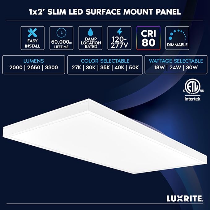 LUXRITE 1x2 FT Slim Surface Mount Panel Recessed Lighting, 5 Color Temperature Options 2700K-5000K, Dimmable LED Panel Light, 2000/2650/3300 Lumens, 18W-30W, Edge Lit, Damp Rated, ETL Listed (4 Pack)