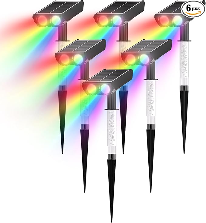 RGB Solar Spot Lights : 2 IN 1 Solar Lights Outdoor with 8 Lighting Modes & PC Light Guide Column for Tree Garden Yard Pathway | RGB Color Changing Landscape Lights | IP65 Waterproof | 6 Pack