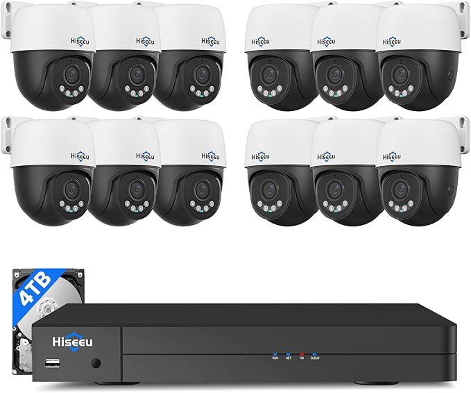 【360°View】 Hiseeu 12MP NVR 12 Pcs 5MP PoE PTZ Cameras, 350°Pan 90° Tilt，Auto Human Tracking, Human Vehicle Detect, 2 Way Audio, 7/24 Record&Playback，4TB HDD for Home Surveillance Outdoor Indoor
