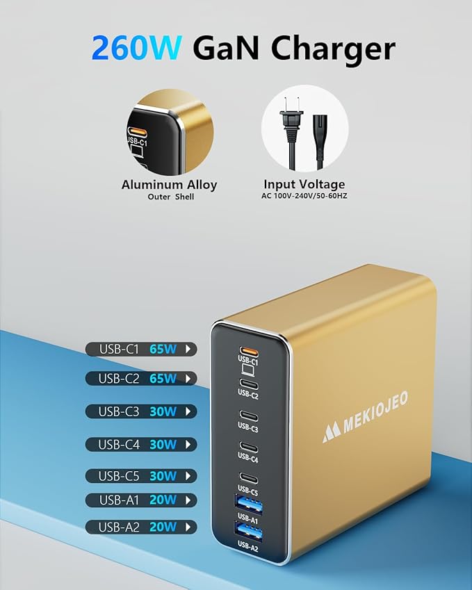 Aluminum Alloy USB C Charger 260W GaN Fast USB C Charging Station 7 Ports 65W Laptop Charger for MacBook Pro/Air/iPad Pro/iPhone (Gold)
