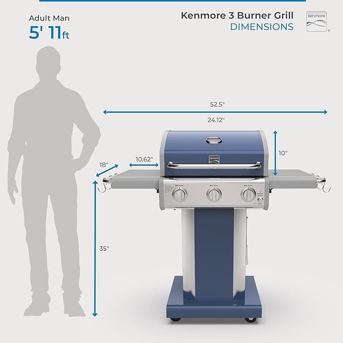 Kenmore 3-Burner Propane BBQ Grill, 30,000 BTUs Gas Grill with Cast Iron Cooking Grates, Folding Side Tables & Wheels, Outdoor Grill with Tool Hooks, Azure Blue + Bonus Cover