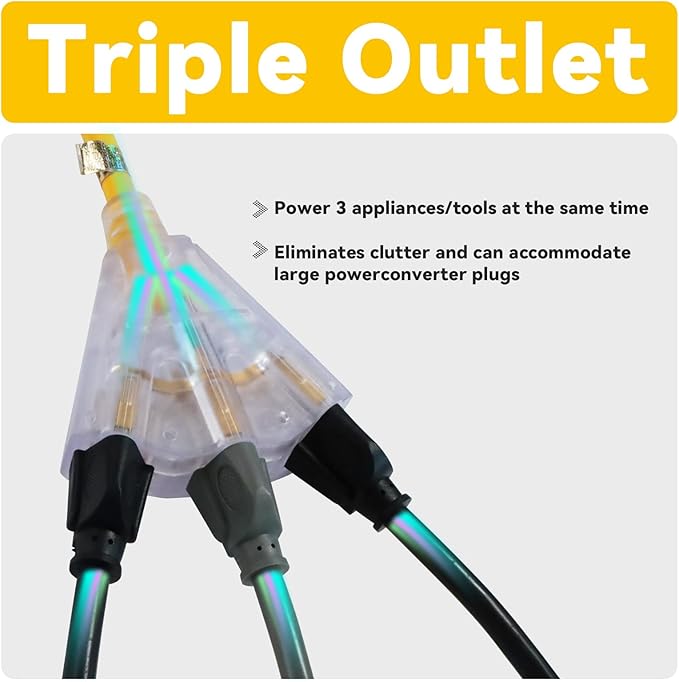 EP 40 Ft 12 Gauge Heavy Duty Extension Cord, 15A 125V 1875W, 3 Outlet Indoor/Outdoor Power Cord with Lighted End, 12/3 SJTW Weatherproof Yellow, UL Listed