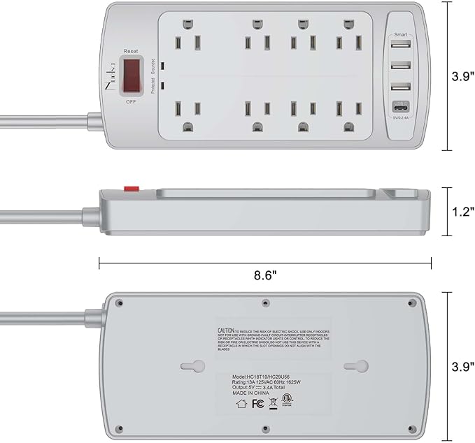 Surge Protector Power Strip - Nuetsa Flat Plug Extension Cord with 8 Outlets and 4 USB Ports, 10 Feet Power Cord (1625W/13A), 2700 Joules, ETL Listed, Grey