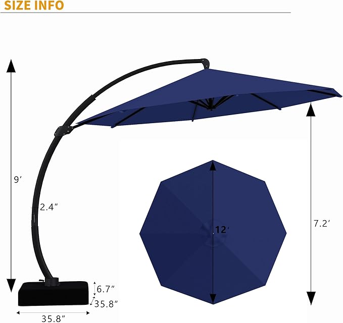 Kingdura 11ft Offset Cantilever Patio Umbrella with Base Included, Large Round Aluminum Outdoor Umbrella, 360° Rotation & Infinite Tilt, Heavy Duty Frame for Deck Pool Backyard, Navy blue