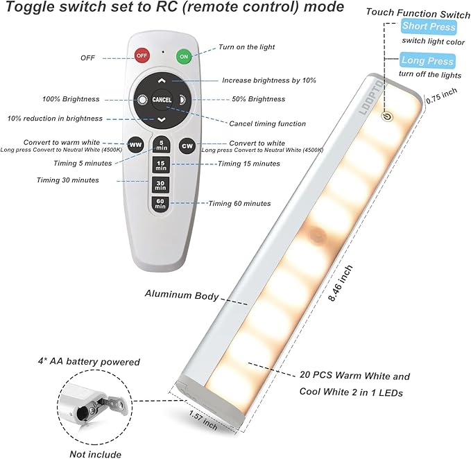 LDOPTO Motion Sensor Under Cabinet Lights with Remote 2 Pack, Dimmable Battery Operated Closet Lighting, LED Night Lights Indoor for Kitchen Hallway Stairway, tunable 3 Colors with timers