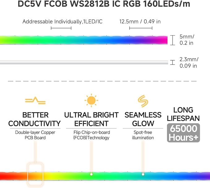 BTF-LIGHTING FCOB COB XGB1338(WS2812B) Individually Addressable IC RGB 160LED/m 800IC LED Strip DC5V 16.4FT 5mm Width Dream Chasing Color High Density Uniform Light(NO Adapter or Controller)