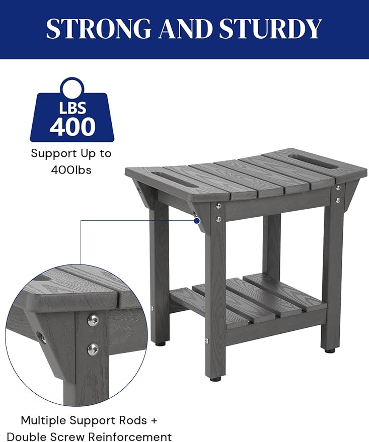 Waterproof Shower Bench, Poly Lumber Shower Stool for Shaving Legs, Shower Chair Seat with Storage Shelf and Handles, Bathroom Bench for Inside Shower, Non-Slip (Grey)