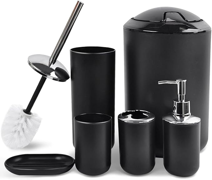CERBIOR Bathroom Accessories Set 6 Piece Bath Ensemble Includes Soap Dispenser, Toothbrush Holder, Toothbrush Cup, Soap Dish for Decorative Countertop and Housewarming Gift (Shiny black-6pcs)