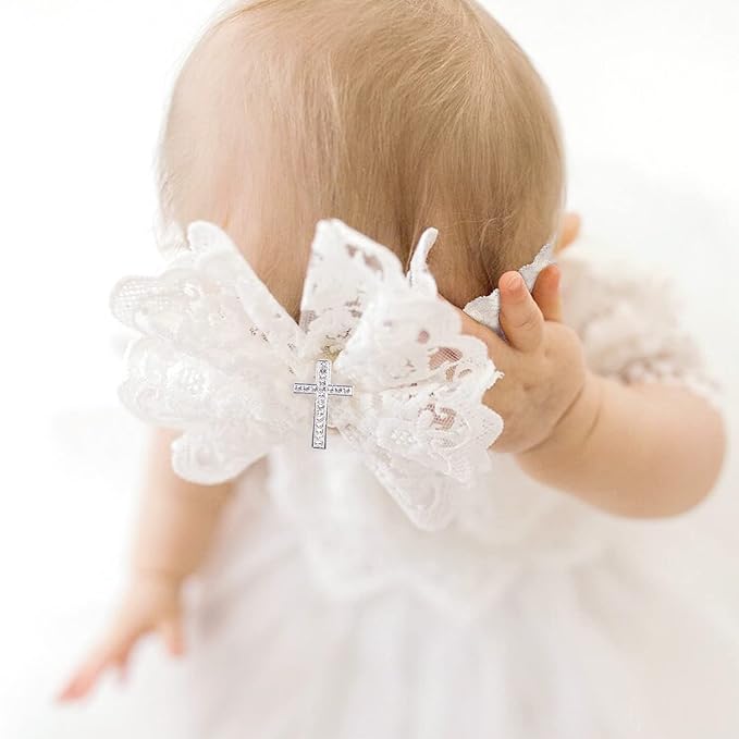 BBTDIN Baptism Christening Headbands Baby Girls Flower Lace Hair Hand White Bow BBG11 (B3-Cross Set)