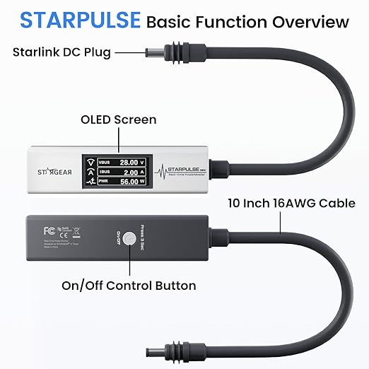 Starlink Power Monitor for Mini & Gen 3, Real-Time Power Meter Tester with OLED Display, On/Off Switch, 0-57V Input/OverCurrent Protection for Starlink Mini Accessories & Car Adapter
