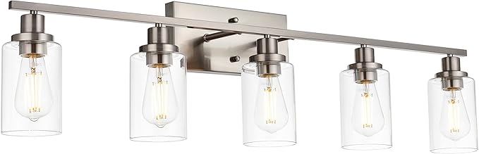 MELUCEE 5-Light Bathroom Vanity Light Brushed Nickel Wall Sconce Modern Light Fixtures Wall Mount with Clear Glass Shade for Porch Bedroom Hallway Kitchen (Patent No.: US D963914 S)