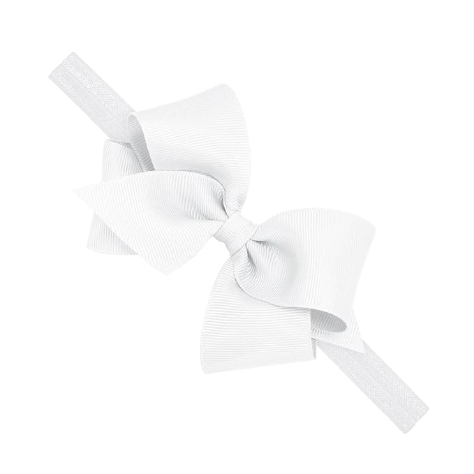 Wee Ones Girls' Classic Grosgrain Hair Bow on a Matching Baby Hair Band, For All Hair Types, Small Bow, 0-6 Months, White