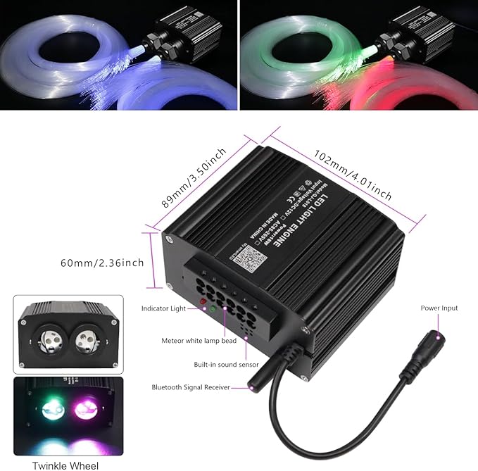 AZIMOM Dual Color 18W Twinkle Fiber Optic Starlight Box with Pure White Meteor, 2 in 1 Starlight Meteor Engine Sound Activated APP/Remote RGBW Light Source Driver for Car Home Star Lighting Decor