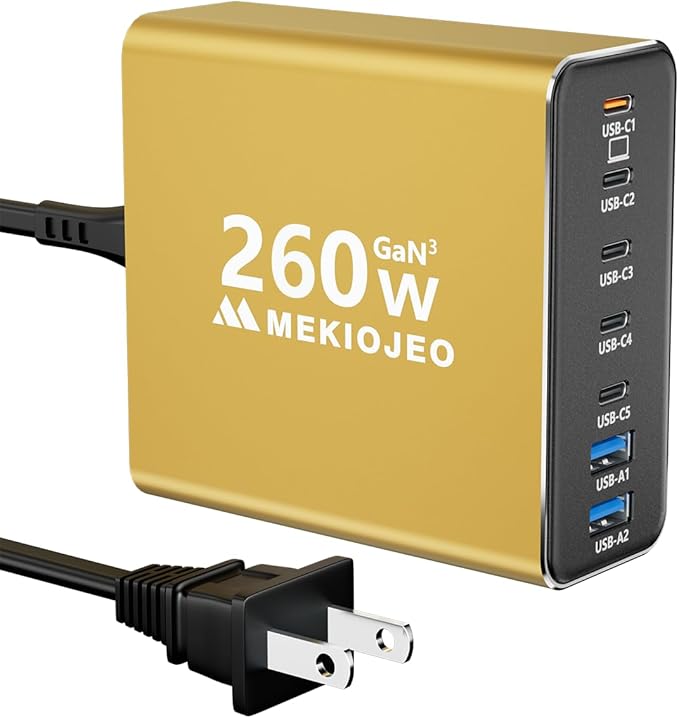 Aluminum Alloy USB C Charger 260W GaN Fast USB C Charging Station 7 Ports 65W Laptop Charger for MacBook Pro/Air/iPad Pro/iPhone (Gold)