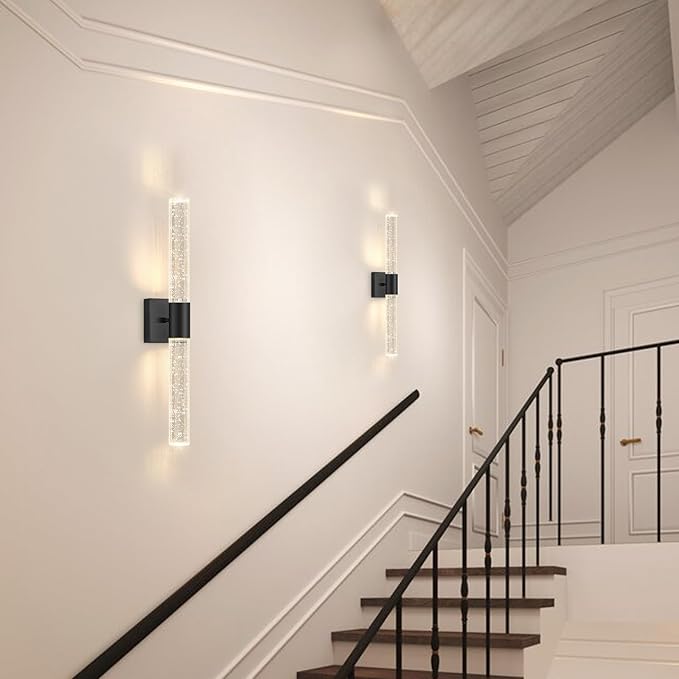 Black LED Wall Sconces Set of 2 with LED Warm Light Interior Glam Crystal Wall Light, Hardwired