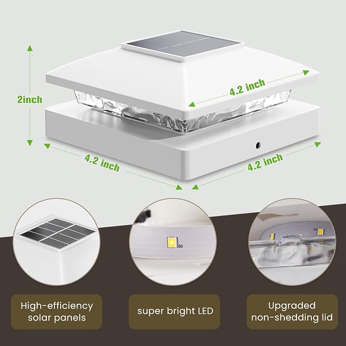 Solar Post Cap Lights Outdoor 6pack, White Waterproof Solar Powered Deck Fence Post Lights Fit 4x4 Wood/Vinyl Posts, Bright Warm White Solar Post Lights Decorate Deck, Patio, Porch, Fence