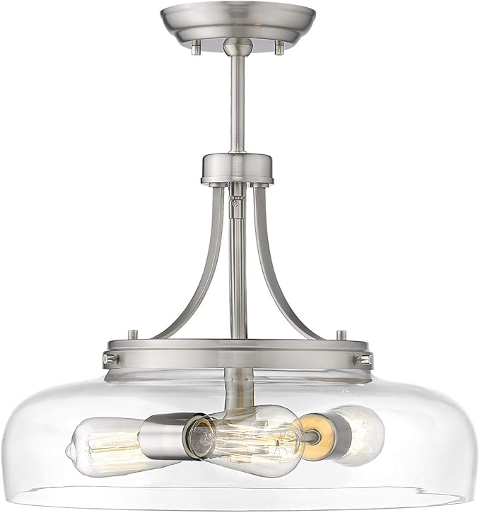 EAPUDUN 3-Light Farmhouse Semi Flush Mount Ceiling Light Fixture, Modern Pendant Light, Brushed Nickel with Clear Glass Shade, SMA1126-BNK