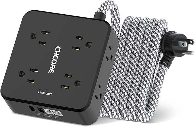 Surge Protector Power Strip - CHCORE 10Ft Braided Extension Cord with 8 Outlets with 4 USB (2 USB C) Charging Ports, Flat Plug Multi Plug Outlet Extender Charging Station for Home Office, ETL, Black