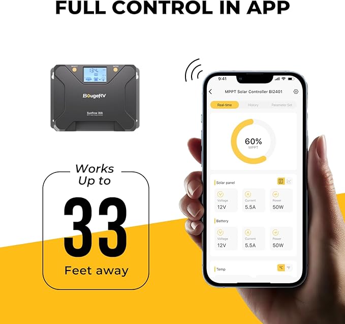BougeRV MPPT Solar Charge Controller 30A, w/ Low-Temp Cut-Off, APP Control, Backlit LCD, 30 Amp Solar Panel Regulator 12V/24V for LiFePO4, SLD, Gel, FLD, AGM Battery, RV, Marine, Upgraded