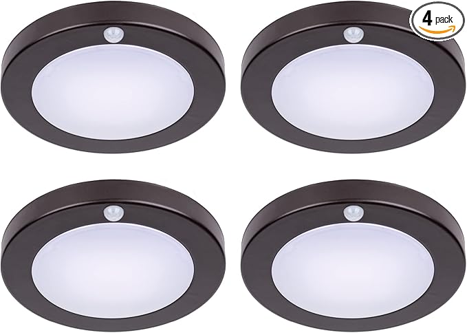 LIT-PaTH LED Flush Mount Ceiling Light, Closet Lighting Fixture with Motion Sensor, 10.5W, 700 Lumen, 6.2 Inch, Anti-Rust Galvanized Housing, Bronze Finish 3000K 4-Pack