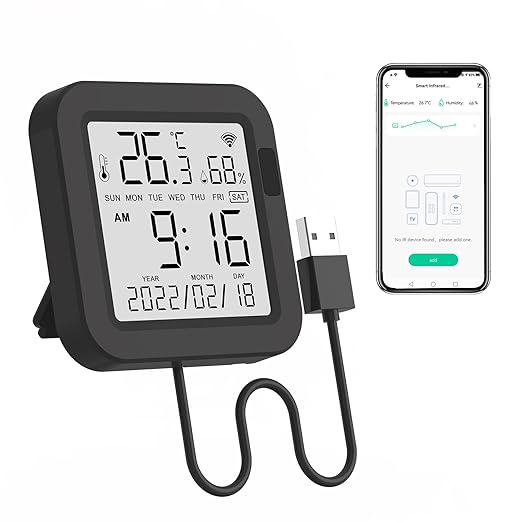 eMylo WiFi Thermometer Hygrometer, Smart IR Remote, Digital Temperature and Humidity Sensor with Backlight, Universal IR Remote Compatible with Alexa and Google Assistant