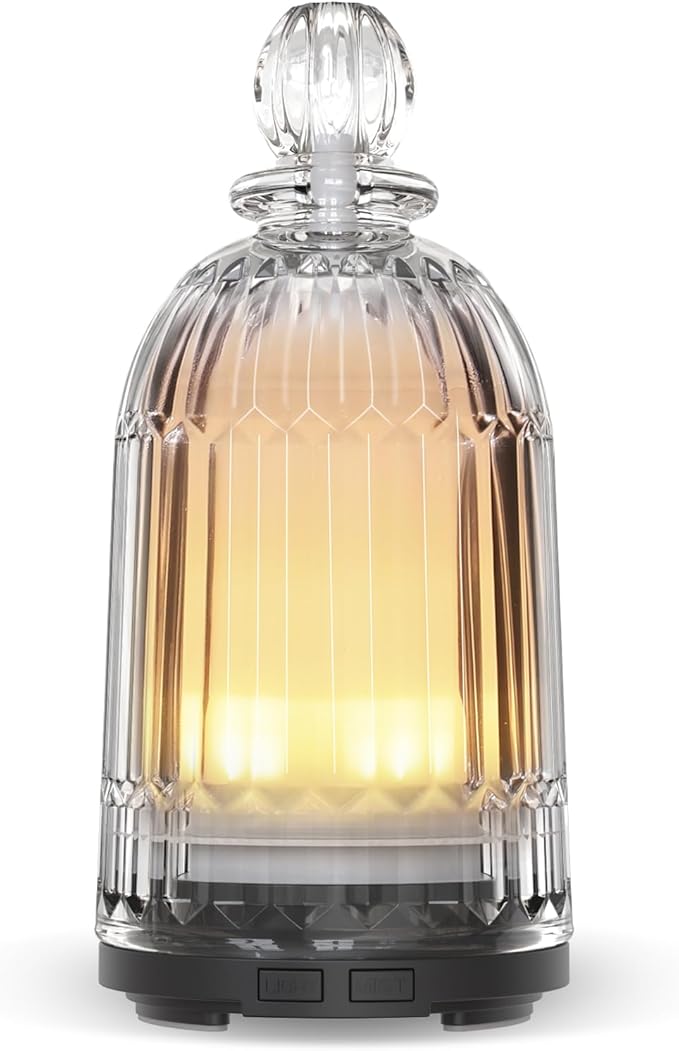 120ml Glass Diffuser, Ultrasonic Aroma Diffusers Cool Mist Humidifier with Glass Cover & Plastic Reservoir with 7 Color LED Lights, Auto Shut-Off for Office, Home, Yoga, Spa(Black Bottom)