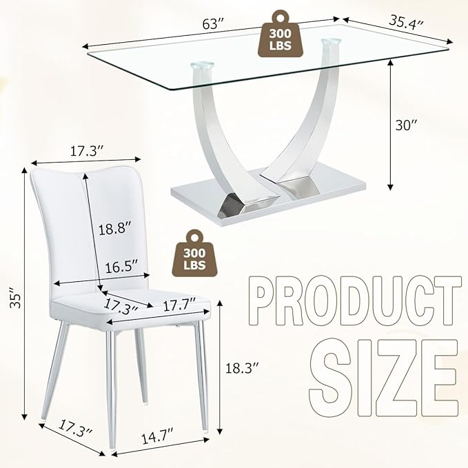 Glass Dining Table Set for 6,Dining Room Table Set for 6,Kitchen Table Set with 6 PU Leather Chairs,63'' Glass Dining Table Set with Silver U-Shaped Table Legs and Rectangular Base