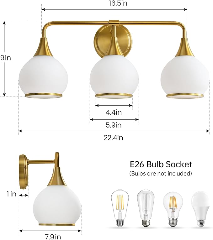 Brushed Gold Bathroom Light Fixtures 3-Lights Vanity Lights with Milky White Frosted Glass Shade Bathroom Vanity Light 22.4 inch Wall Sconce Lighting Bath(Exclude E26 Bulb)