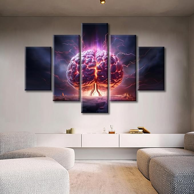 5 Panels Human Brain Canvas Wall Art Book Paintings Prints on Canvas Abstract Human Brain Modern Artwork Pictures for Living Room Bedroom Framed Ready to Hang, (60"Wx40"H)