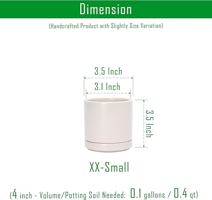 D'vine Dev 3.5 Inch Ceramic Planter Pot with Drainage Hole and Saucer, Indoor Cylinder Round Planter Pot, Oatmeal, 94-O-A-8
