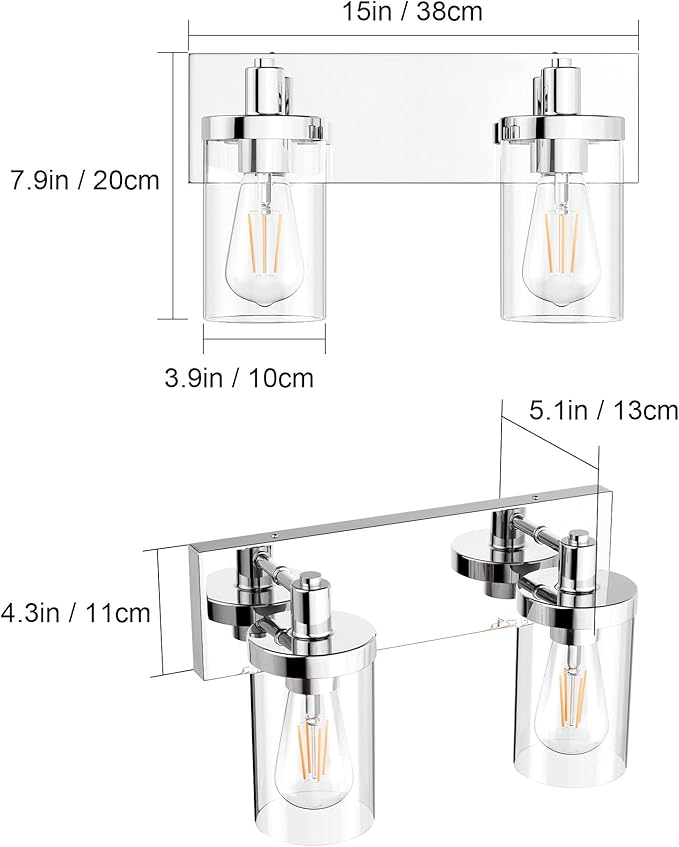 Aipsun Bathroom Vanity Lighting Fixtures Chrome Vanity Light 2 Light Stainless Steel Bathroom Light with Clear Glass Shade(Exclude Bulb)