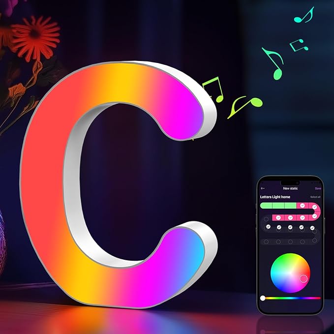 Light Up Letters Marquee Letter - Music Sync RGB Color Changing LED Lights Letter Logo Game Lights for Girls Women Party Birthday Christmas Valentine's Day Wall Desktop Decoration (MRGB-C)