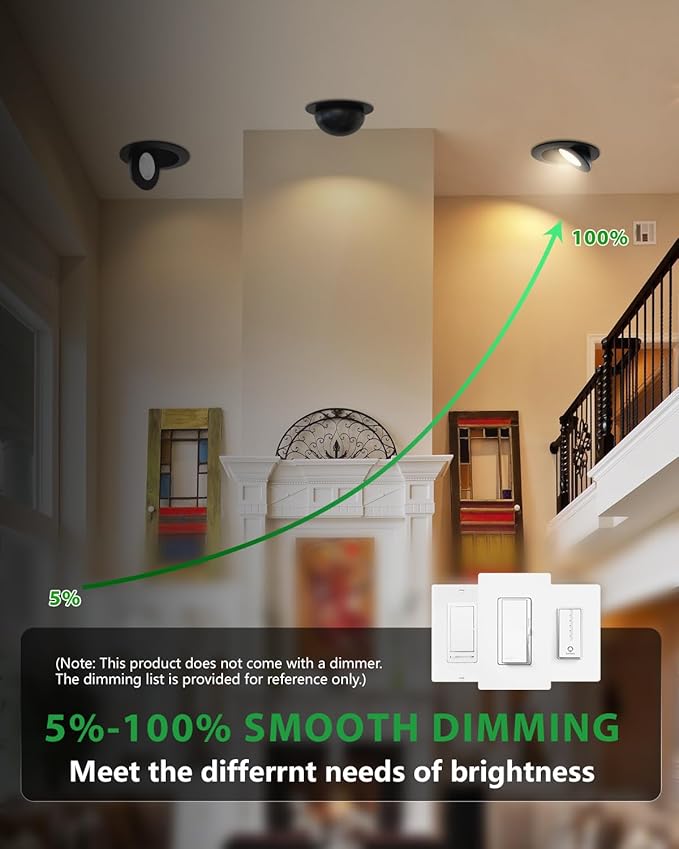 zouzai 5CCT Gimbal Led Recessed Lights, 360°+90° Adjustable Directional Recessed Lighting, 2700K-5000K Dimmable Retrofit Eyeball Can Lights with Jbox, ETL&Energy Star (Black-6 inch, 12 Pack)