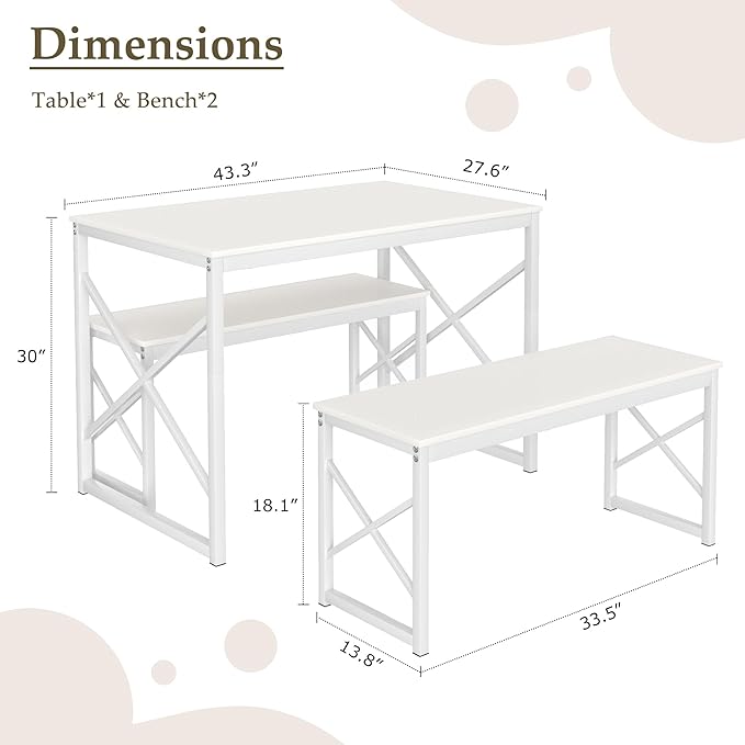 VECELO Kitchen Dining Table Benches Set for 4, 43.3" Wooden Dinette with 2 Benches, Heavy-Duty Dining Room Table for Small Space, Breakfast Nook, White