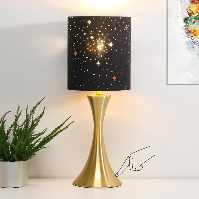 Touch Lamp for Bedroom, 3 Way Dimmable Gold Table Lamp with Black Starry Shade, Decorative Nightstand Lamp Ambient Beside Light for Living Room, Guest Room, Office 3000K LED Bulb Included