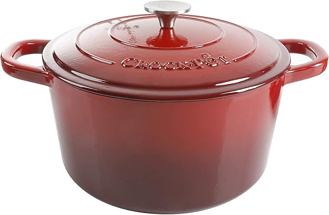 Crock-Pot Artisan 7-Quart Round Enameled Cast Iron Dutch Oven – Scarlet Red, Heavy-Duty Cookware for Slow Cooking, Baking, Roasting with Lid