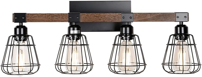 Bathroom Vanity Light Fixture,Rustic 4-Light Wood Wall Light,Industrial Bathroom Lighting Fixture Over Mirror,Modern Matte Black Metal Cage Wall Sconce for Hallway,Kitchen,Bedroom