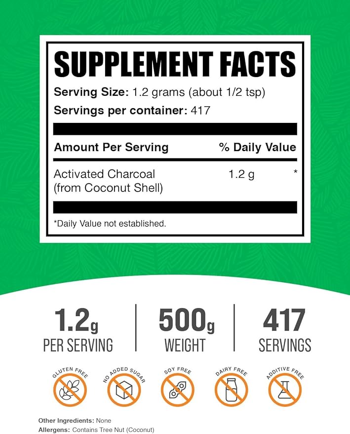 BulkSupplements.com Activated Charcoal Powder - from Coconut Charcoal, for Teeth Whitening - Vegan & Gluten Free, 1.2g per Serving, 500g (1.1 lbs) (Pack of 1)