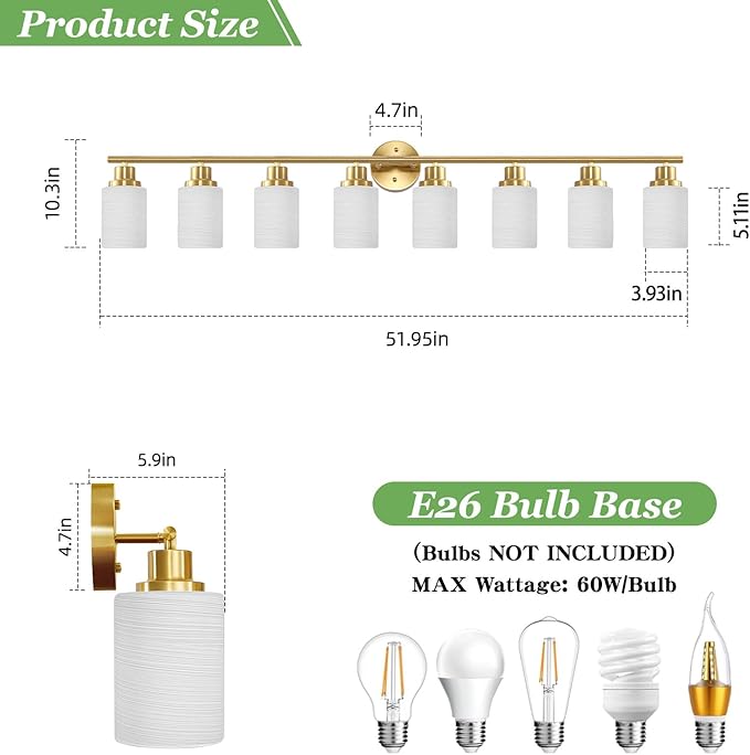 8-Light Vanity Lights, Brushed Gold Bathroom Light Fixture with Striped Textured Milky White Glass Shade, Modern Vanity Lighting Fixture for Bathroom Wall Light Over Mirror, E26 Wall Sconce