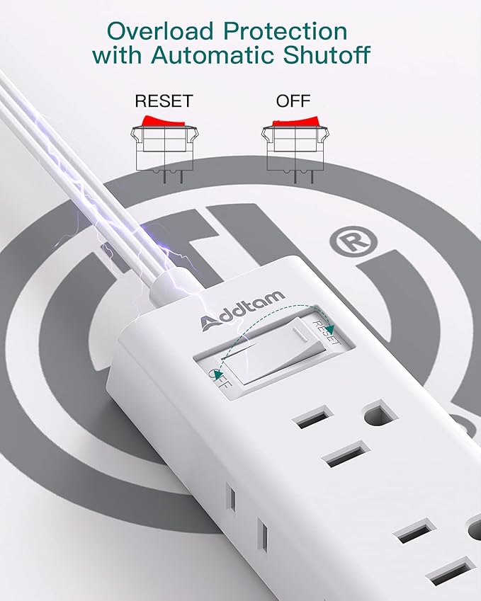 Cruise Ship Essentials, Flat Plug Power Strip, Addtam 1 ft Ultra Flat Extension Cord with 6 Outlets Extender, No Surge Protector for Cruise Ship, Travel, Dorm, Home Office, ETL Listed
