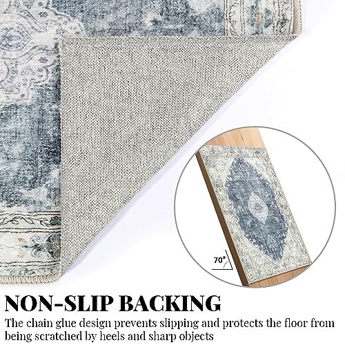 MUJOO Hallway Runner Rug Machine Washable Runner Rugs Non Slip Boho Blue Grey Runner Rug for Hallways Entryway Kitchen Bathroom Bedside Retro Soft Low-Pile 2'x6' Blossom - color: Blue Grey, size: 2' x 6' (Rectangular)