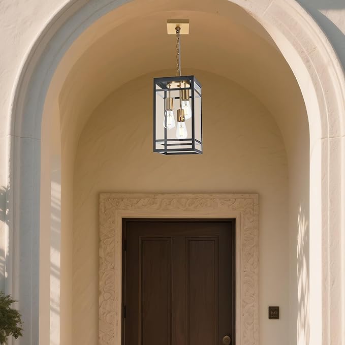 3-Light Outdoor Pendant Lights for Porch, Black & Brushed Brass Outdoor Chandelier 16'' Exterior Hanging Porch Light Fixtures w/Clear Glass, Waterproof Outside Pendant Lantern for Garage