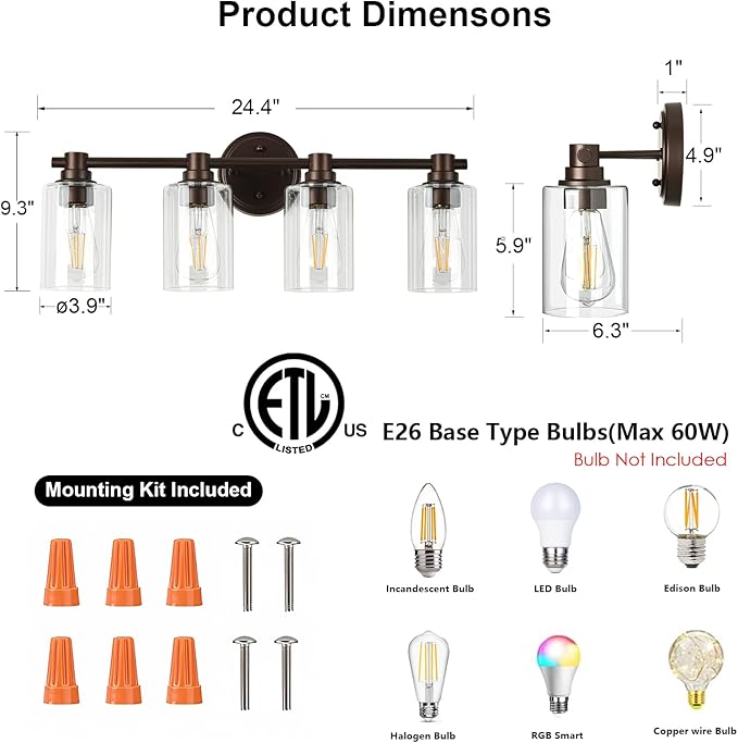 Bathroom Light Fixtures Wall Sconce Light with Clear Glass Oil Rubbed Bronze 4 Lights Bathroom Lighting Over Mirror Vanity Lights for Living Room,Bedroom,Restroom,Hallway E26 Base