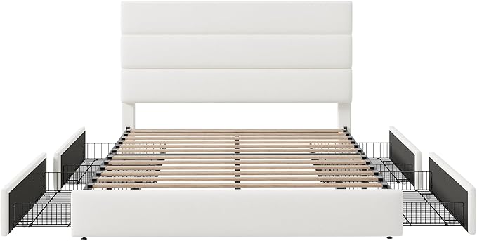 Allewie Modern Queen Size Platform Bed Frame with 4 Storage Drawers and Velvet Upholstered Headboard, Wooden Slats Support, Upholstered Mattress Foundation/No Box Spring Needed/Easy Assembly, White
