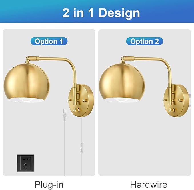 VATONI Plug in Dimmable Wall Sconce Swing Arm Wall Lights with Plug in Cord and Dimmer On/Off Knob Switch, Brushed Brass Globe Wall Light for Bedside Bedroom Bathroom(1 Bulb Included)